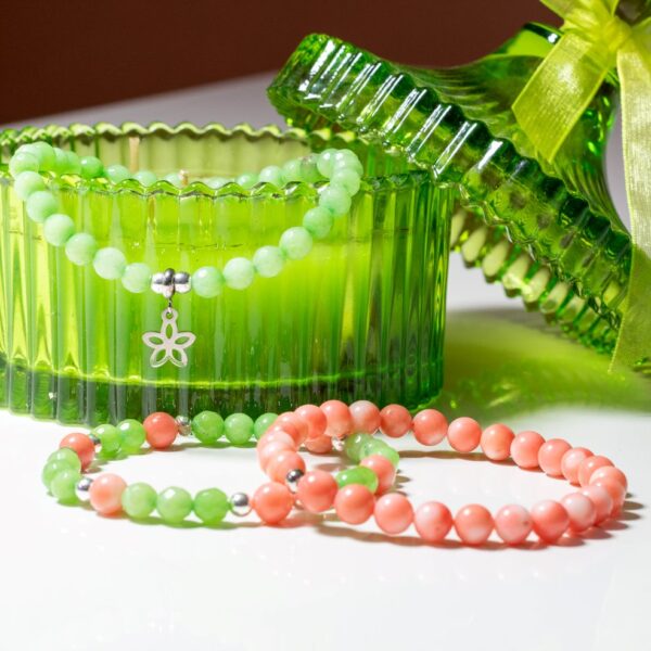 Bracelet pierre semi précieuse corail, hématite, jade