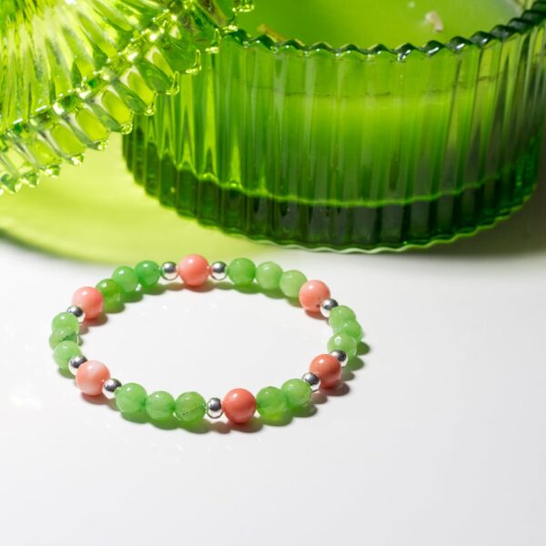 Bracelet pierre semi précieuse corail, hématite, jade